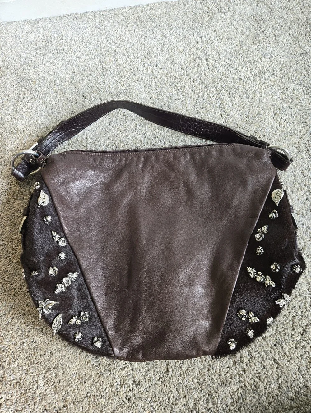 Berge Brown Leather Calfhair Hobo Shoulder Bag Charms Rhinestone Made in Italy